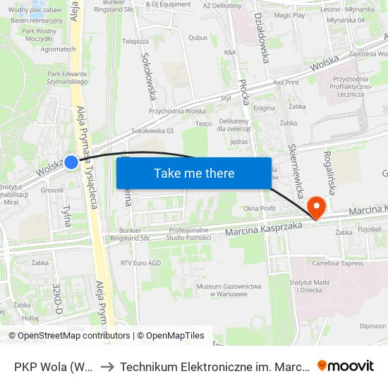 PKP Wola (Wolska) 03 to Technikum Elektroniczne im. Marcina Kasprzaka nr 36 map