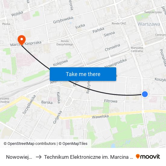 Nowowiejska 06 to Technikum Elektroniczne im. Marcina Kasprzaka nr 36 map