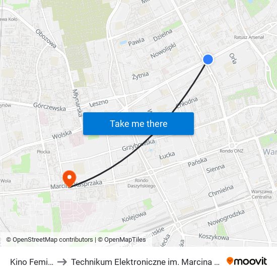 Kino Femina 06 to Technikum Elektroniczne im. Marcina Kasprzaka nr 36 map