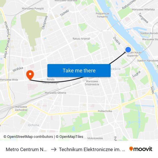 Metro Centrum Nauki Kopernik 04 to Technikum Elektroniczne im. Marcina Kasprzaka nr 36 map