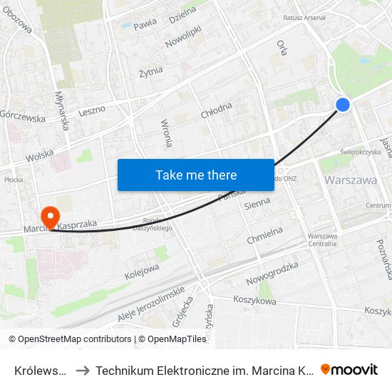 Królewska 04 to Technikum Elektroniczne im. Marcina Kasprzaka nr 36 map