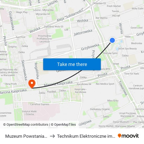 Muzeum Powstania Warszawskiego 02 to Technikum Elektroniczne im. Marcina Kasprzaka nr 36 map