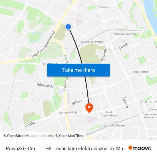 Powązki - Cm. Wojskowy 01 to Technikum Elektroniczne im. Marcina Kasprzaka nr 36 map