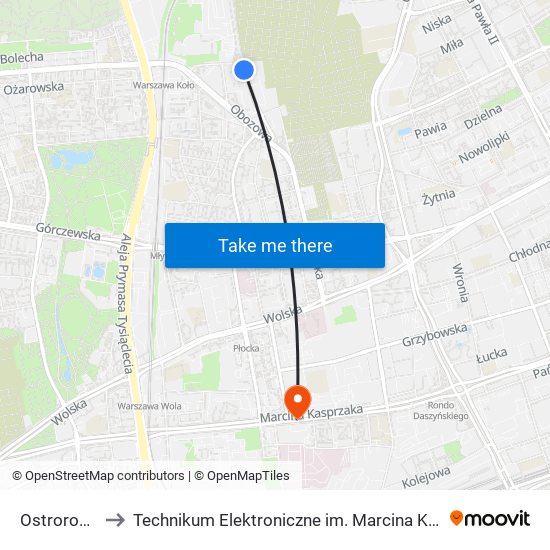 Ostroroga 01 to Technikum Elektroniczne im. Marcina Kasprzaka nr 36 map