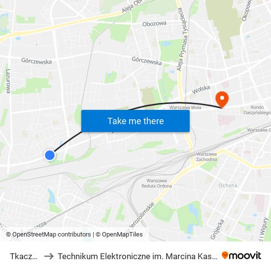 Tkaczy 01 to Technikum Elektroniczne im. Marcina Kasprzaka nr 36 map