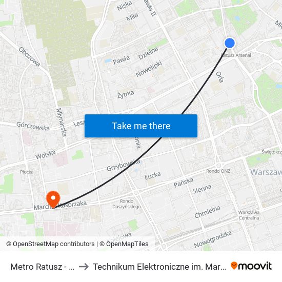 Metro Ratusz - Arsenał 02 to Technikum Elektroniczne im. Marcina Kasprzaka nr 36 map