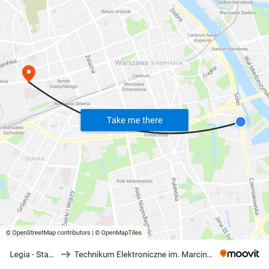 Legia - Stadion 01 to Technikum Elektroniczne im. Marcina Kasprzaka nr 36 map