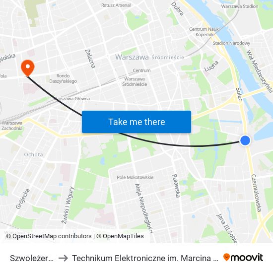 Szwoleżerów 01 to Technikum Elektroniczne im. Marcina Kasprzaka nr 36 map