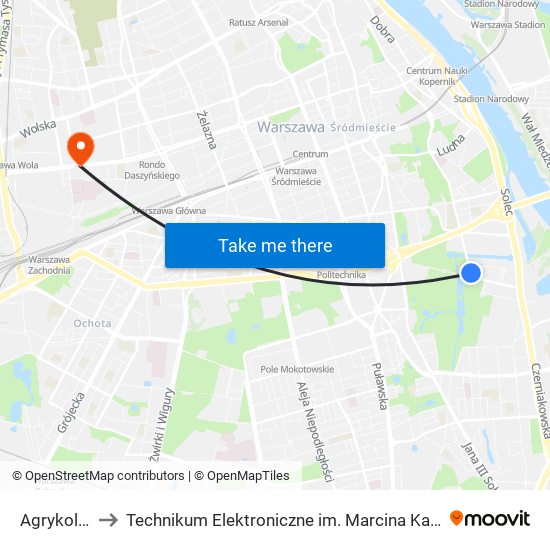 Agrykola 02 to Technikum Elektroniczne im. Marcina Kasprzaka nr 36 map