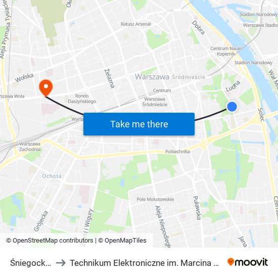 Śniegockiej 01 to Technikum Elektroniczne im. Marcina Kasprzaka nr 36 map