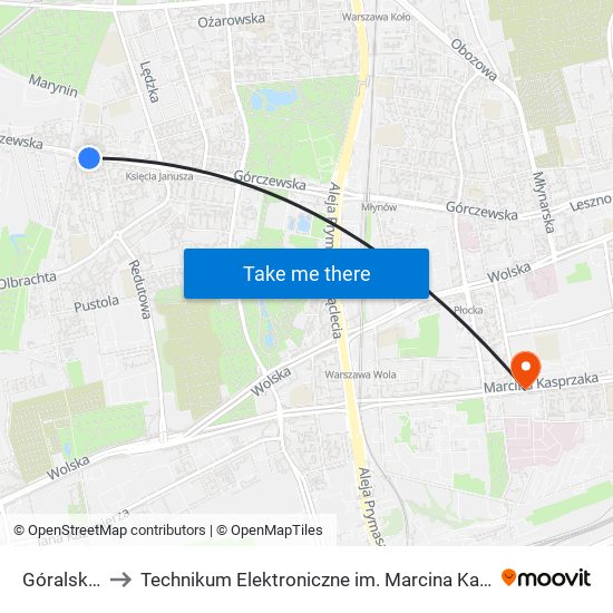 Góralska to Technikum Elektroniczne im. Marcina Kasprzaka nr 36 map