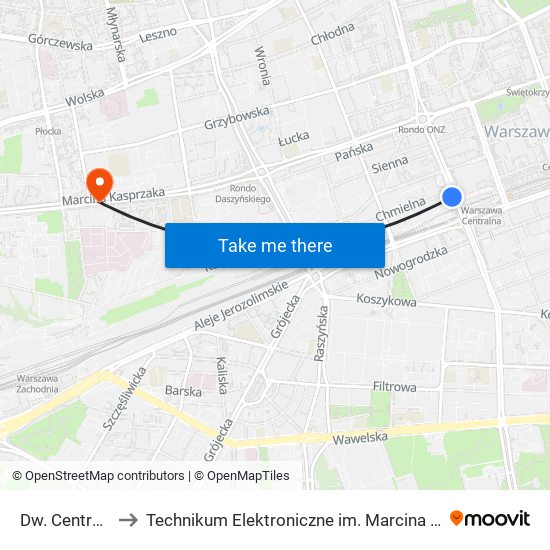 Dw. Centralny 03 to Technikum Elektroniczne im. Marcina Kasprzaka nr 36 map