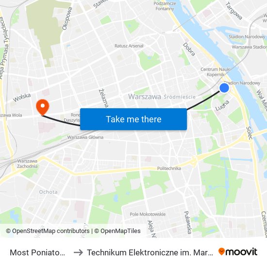 Most Poniatowskiego to Technikum Elektroniczne im. Marcina Kasprzaka nr 36 map