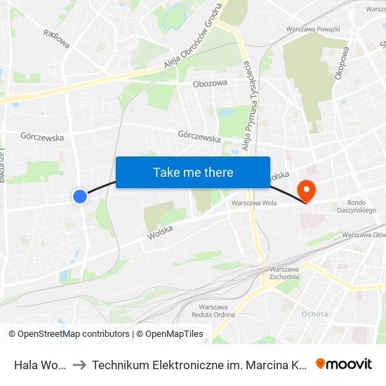 Hala Wola 02 to Technikum Elektroniczne im. Marcina Kasprzaka nr 36 map