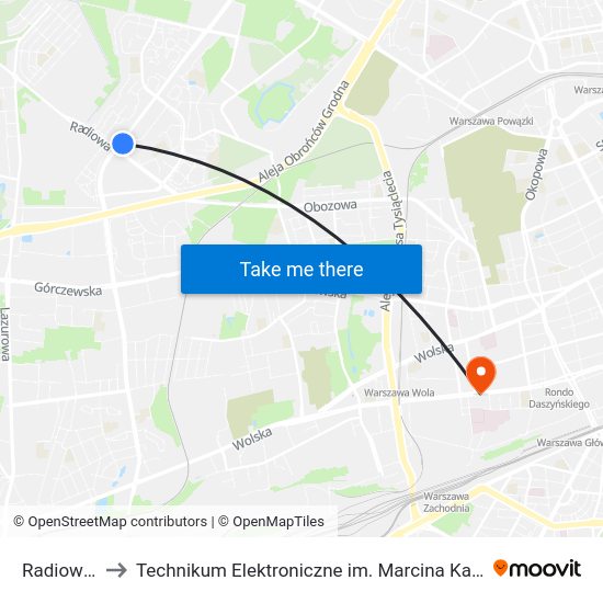 Radiowa to Technikum Elektroniczne im. Marcina Kasprzaka nr 36 map