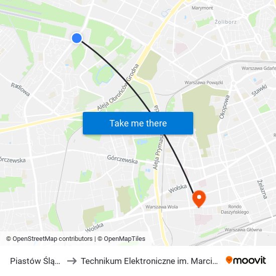 Piastów Śląskich 01 to Technikum Elektroniczne im. Marcina Kasprzaka nr 36 map