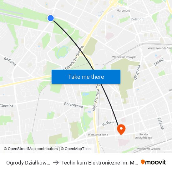 Ogrody Działkowe Bemowo 02 to Technikum Elektroniczne im. Marcina Kasprzaka nr 36 map