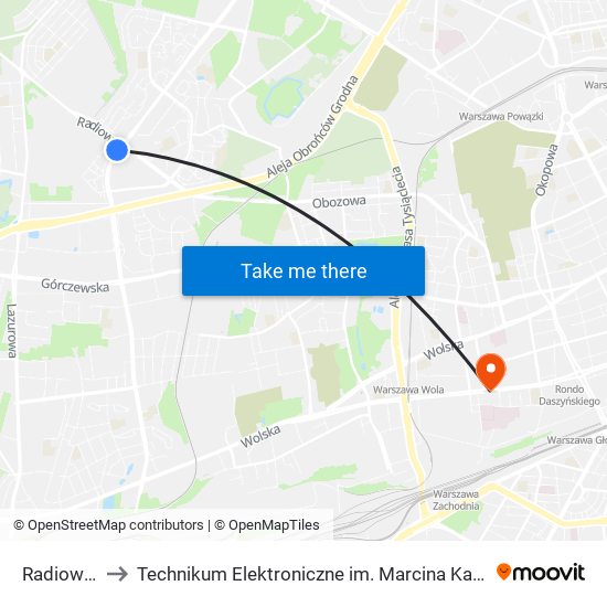 Radiowa 01 to Technikum Elektroniczne im. Marcina Kasprzaka nr 36 map