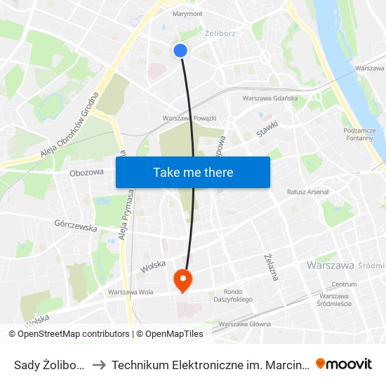 Sady Żoliborskie 02 to Technikum Elektroniczne im. Marcina Kasprzaka nr 36 map