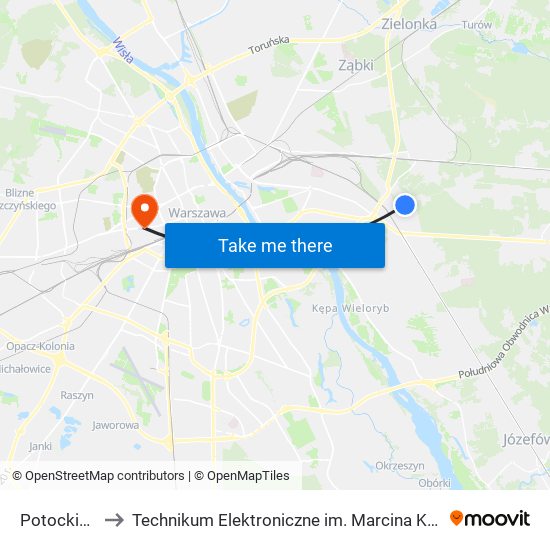 Potockich 02 to Technikum Elektroniczne im. Marcina Kasprzaka nr 36 map