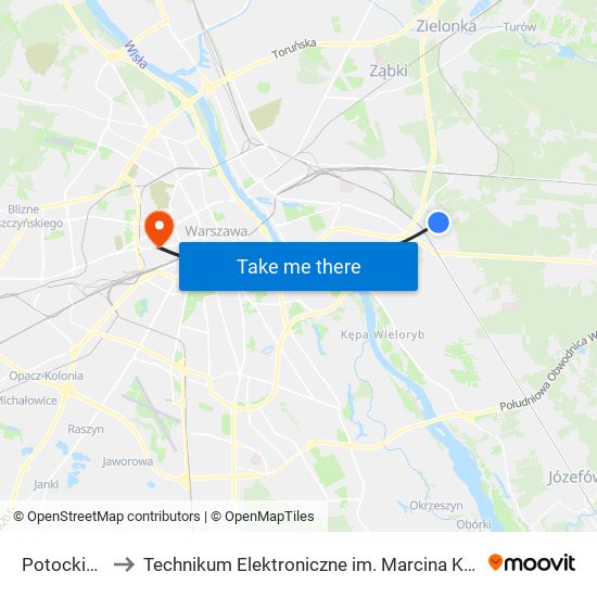 Potockich 01 to Technikum Elektroniczne im. Marcina Kasprzaka nr 36 map