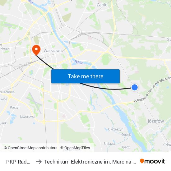 PKP Radość to Technikum Elektroniczne im. Marcina Kasprzaka nr 36 map