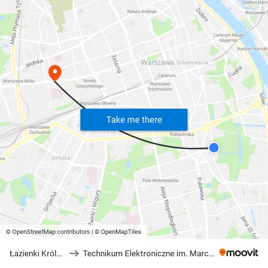 Łazienki Królewskie 02 to Technikum Elektroniczne im. Marcina Kasprzaka nr 36 map