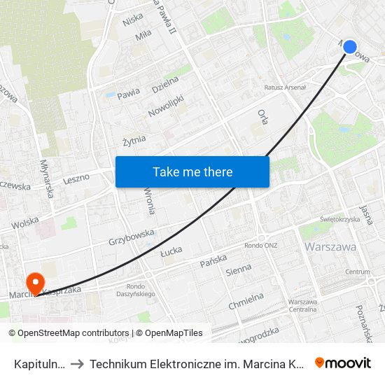 Kapitulna to Technikum Elektroniczne im. Marcina Kasprzaka nr 36 map