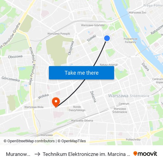 Muranowska 05 to Technikum Elektroniczne im. Marcina Kasprzaka nr 36 map