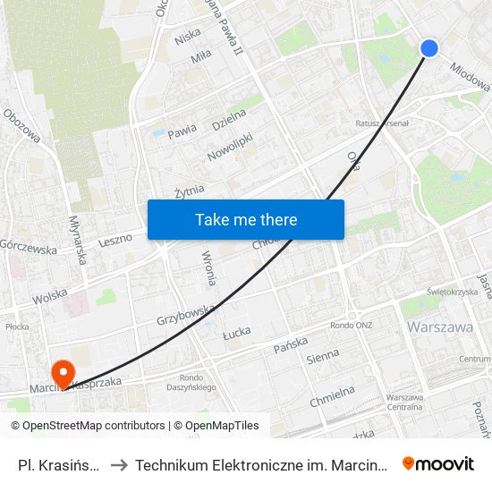 Pl. Krasińskich 01 to Technikum Elektroniczne im. Marcina Kasprzaka nr 36 map