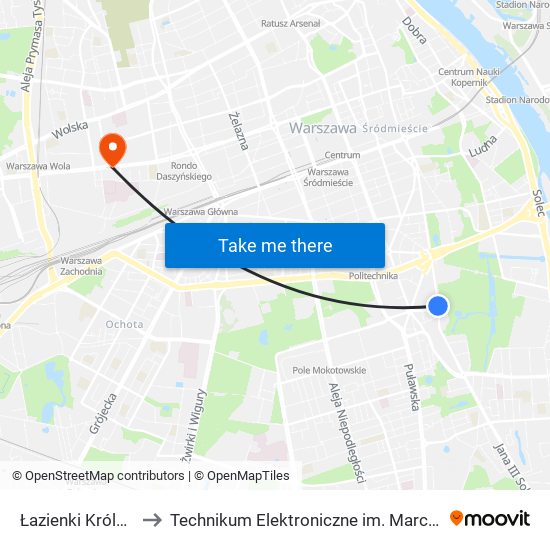 Łazienki Królewskie to Technikum Elektroniczne im. Marcina Kasprzaka nr 36 map