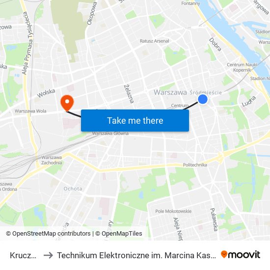 Krucza to Technikum Elektroniczne im. Marcina Kasprzaka nr 36 map