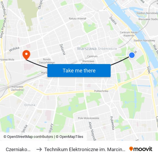 Czerniakowska 01 to Technikum Elektroniczne im. Marcina Kasprzaka nr 36 map