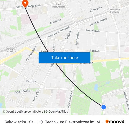 Rakowiecka-Sanktuarium to Technikum Elektroniczne im. Marcina Kasprzaka nr 36 map