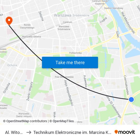 Al. Witosa 04 to Technikum Elektroniczne im. Marcina Kasprzaka nr 36 map