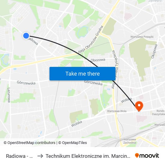 Radiowa - WAT 02 to Technikum Elektroniczne im. Marcina Kasprzaka nr 36 map