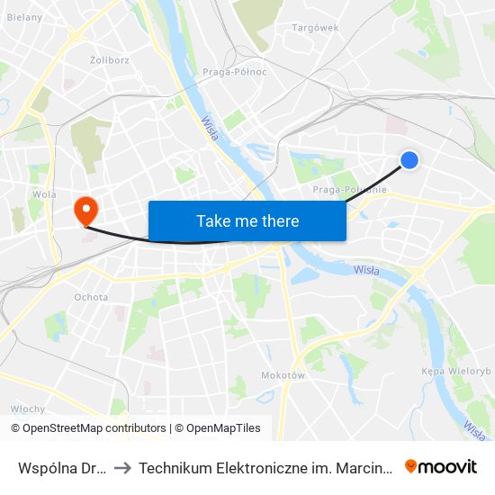 Wspólna Droga 01 to Technikum Elektroniczne im. Marcina Kasprzaka nr 36 map