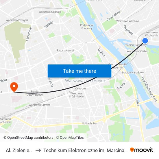 Al. Zieleniecka 04 to Technikum Elektroniczne im. Marcina Kasprzaka nr 36 map