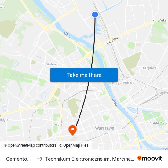 Cementownia to Technikum Elektroniczne im. Marcina Kasprzaka nr 36 map