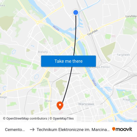 Cementownia to Technikum Elektroniczne im. Marcina Kasprzaka nr 36 map