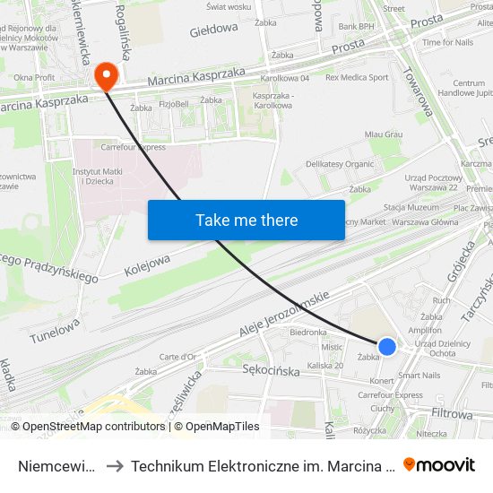 Niemcewicza 01 to Technikum Elektroniczne im. Marcina Kasprzaka nr 36 map