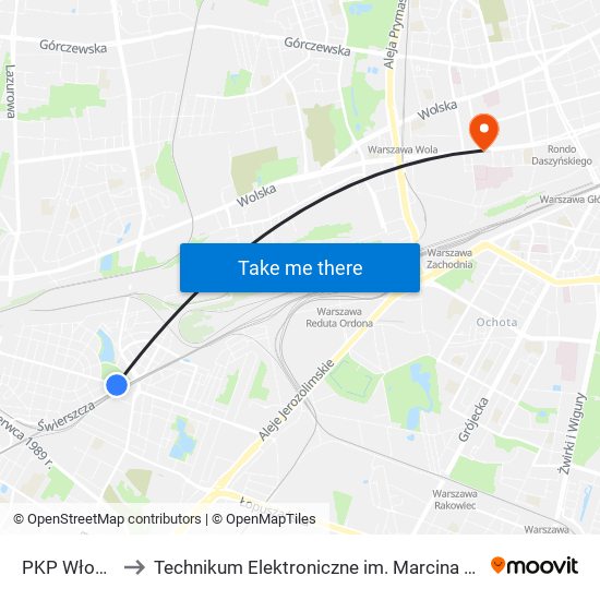 PKP Włochy 05 to Technikum Elektroniczne im. Marcina Kasprzaka nr 36 map