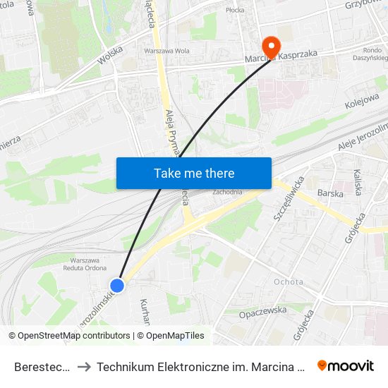 Berestecka to Technikum Elektroniczne im. Marcina Kasprzaka nr 36 map