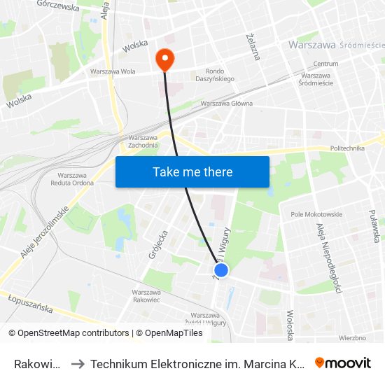 Rakowiec 02 to Technikum Elektroniczne im. Marcina Kasprzaka nr 36 map