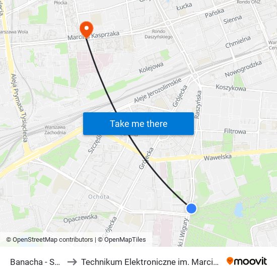 Banacha - Szpital 02 to Technikum Elektroniczne im. Marcina Kasprzaka nr 36 map