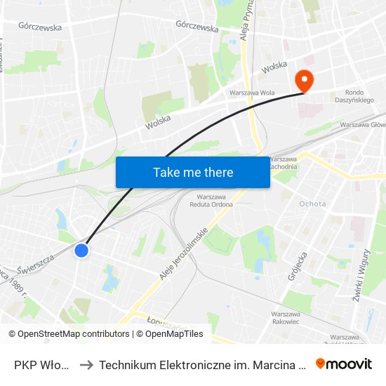 PKP Włochy 02 to Technikum Elektroniczne im. Marcina Kasprzaka nr 36 map