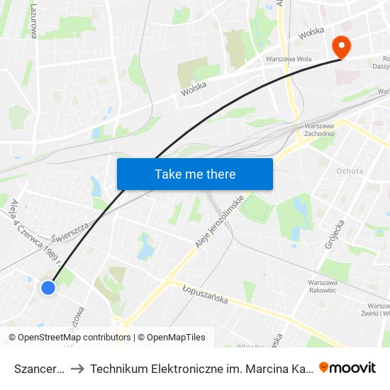 Szancera 01 to Technikum Elektroniczne im. Marcina Kasprzaka nr 36 map