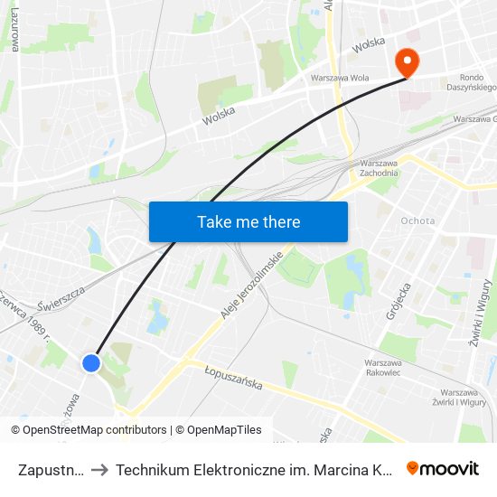 Zapustna to Technikum Elektroniczne im. Marcina Kasprzaka nr 36 map