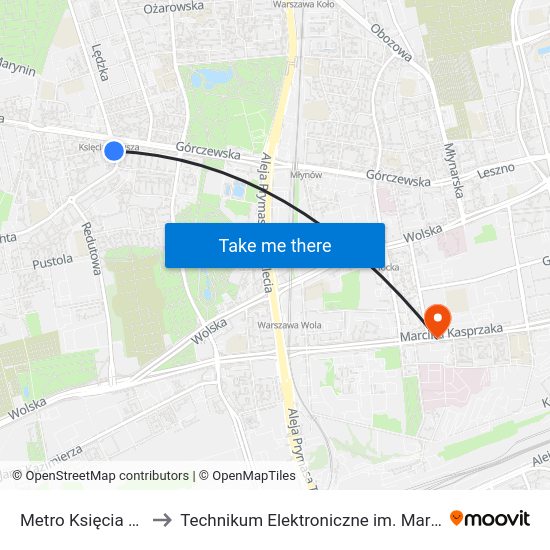 Metro Księcia Janusza 03 to Technikum Elektroniczne im. Marcina Kasprzaka nr 36 map