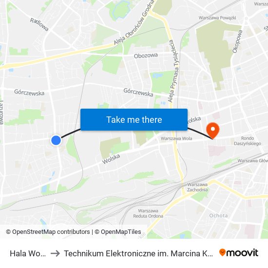 Hala Wola 01 to Technikum Elektroniczne im. Marcina Kasprzaka nr 36 map